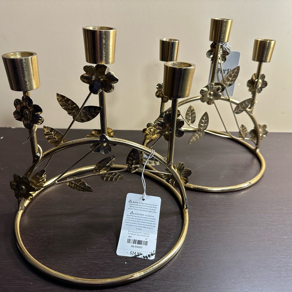Pier 1 Imports Metal Gold Floral Candleabra Three Taper Candle Holder - LAST ONE